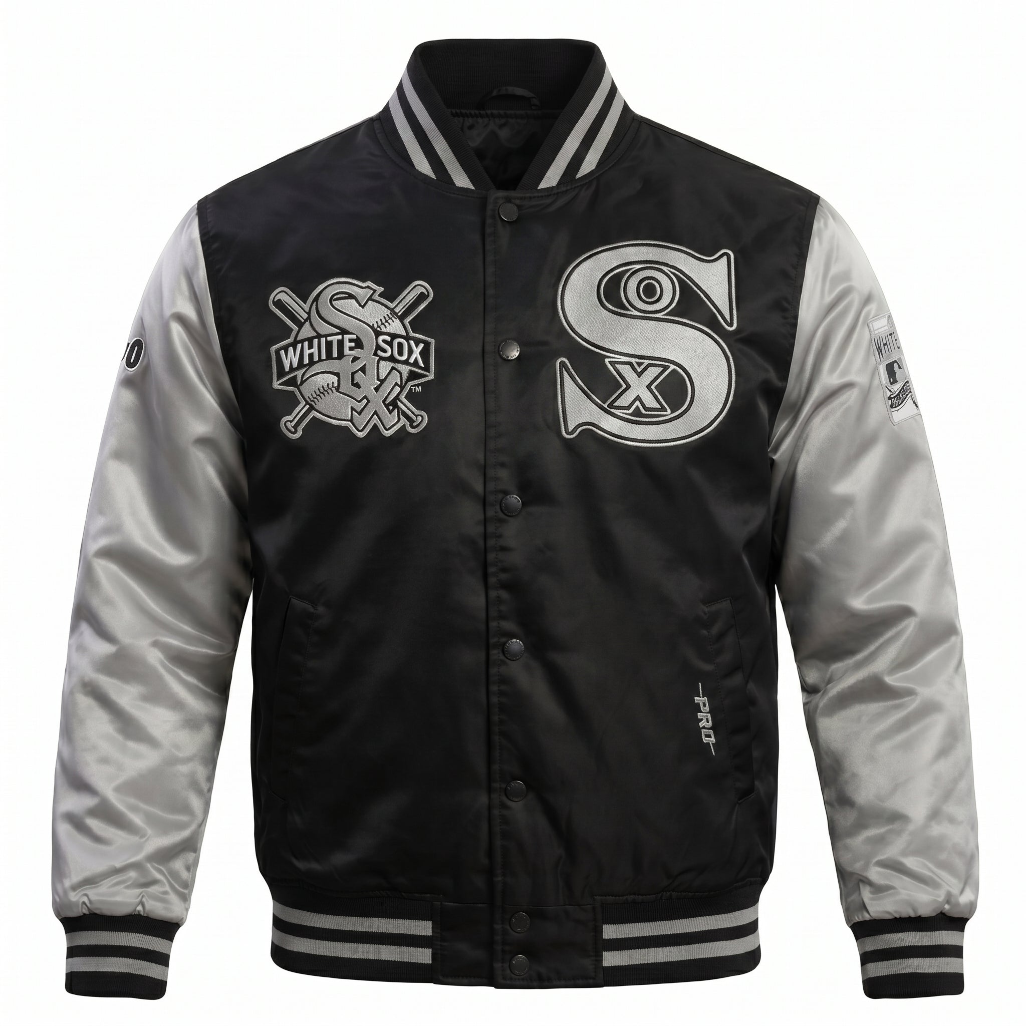 Chicago White Sox Satin Bomber Varsity Jacket - Faded Black & Silver Letterman Baseball Jacket