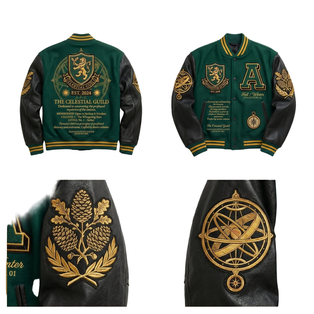 The Celestial Guild Premium Varsity Jacket - Green Wool & Black Leather