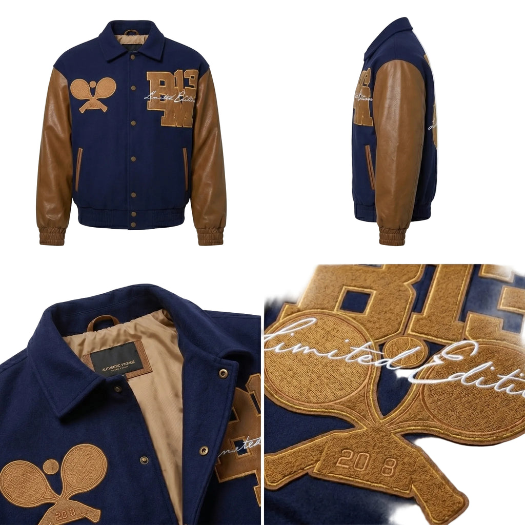 Navy Wool & Brown Leather Varsity Jacket - Limited Edition B13 Letterman Bomber