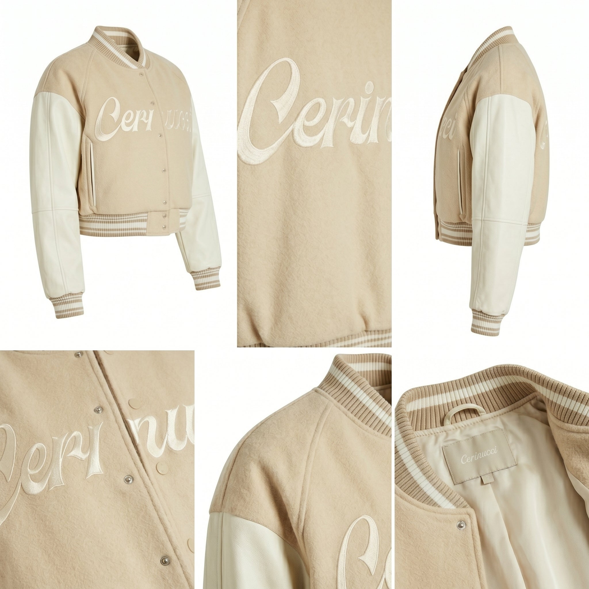 Beige Wool & Cream Leather Cropped Varsity Jacket - Cerinucci Embroidered Bomber