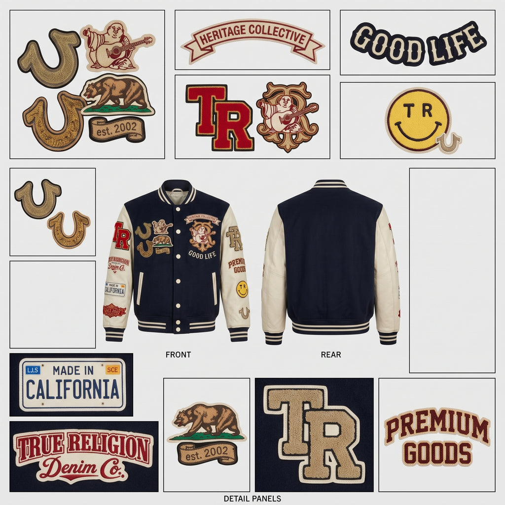 Navy Wool & Cream Leather Varsity Jacket - Embroidered Heritage Letterman Bomber