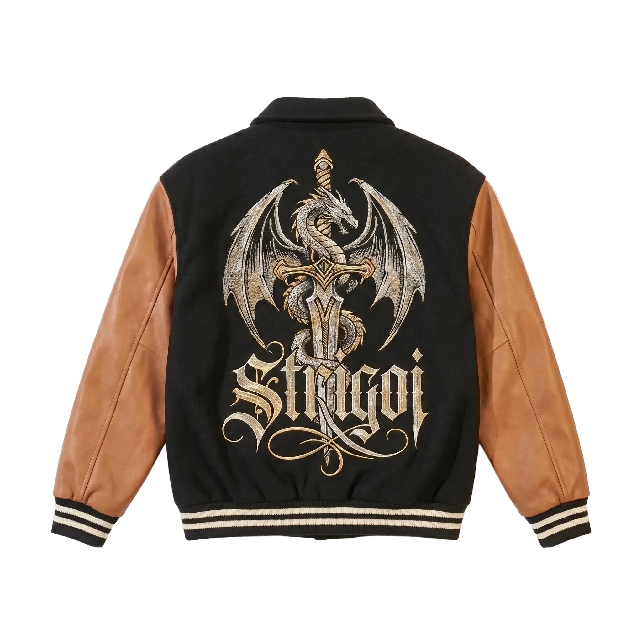 Strigoi Dragon Embroidered Varsity Jacket - Black Wool & Brown Leather Streetwear Bomber