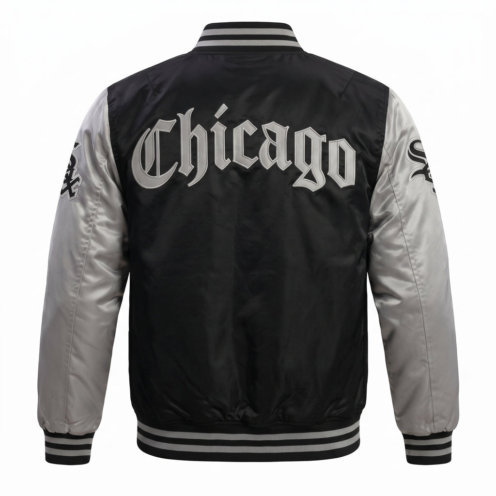 Chicago White Sox Satin Bomber Varsity Jacket - Faded Black & Silver Letterman Baseball Jacket