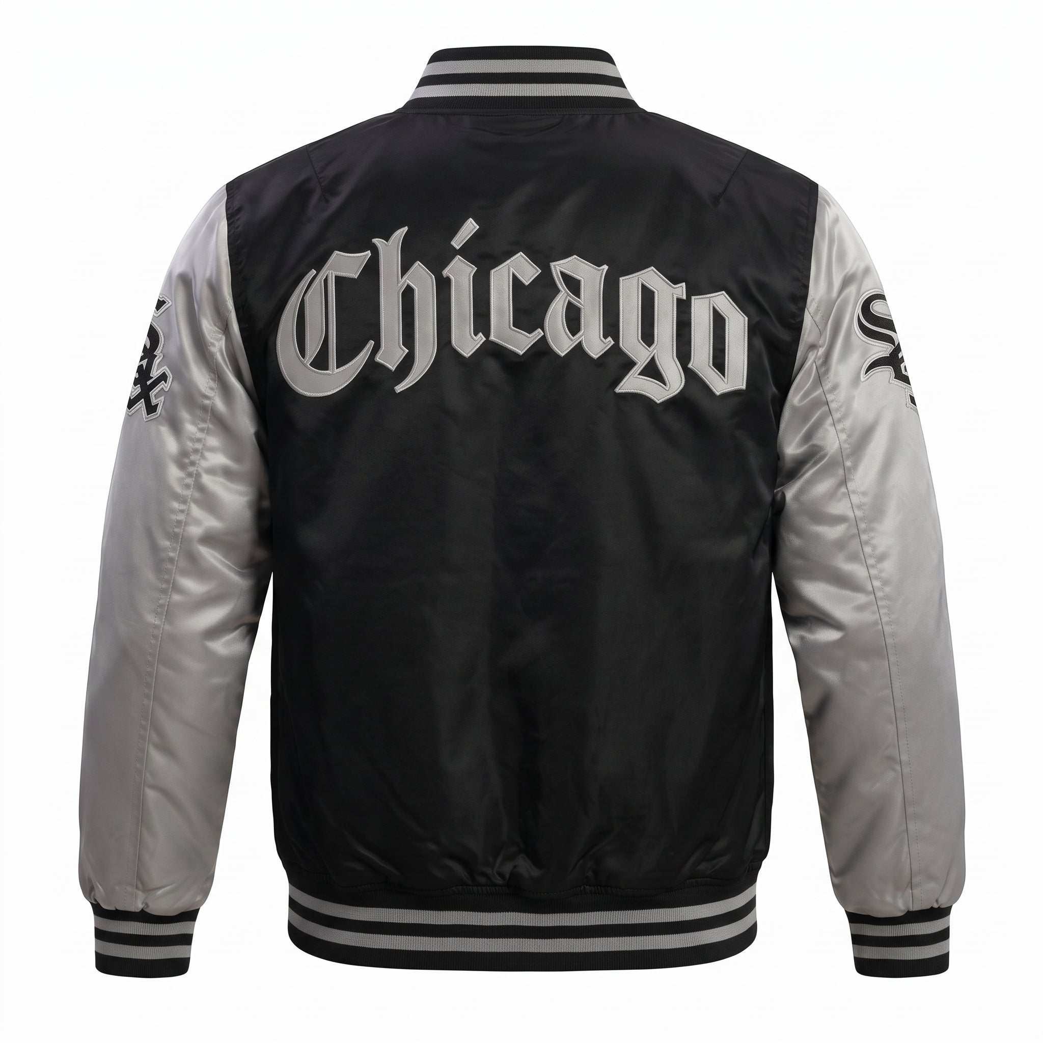 Chicago White Sox Satin Bomber Varsity Jacket - Faded Black & Silver Letterman Baseball Jacket