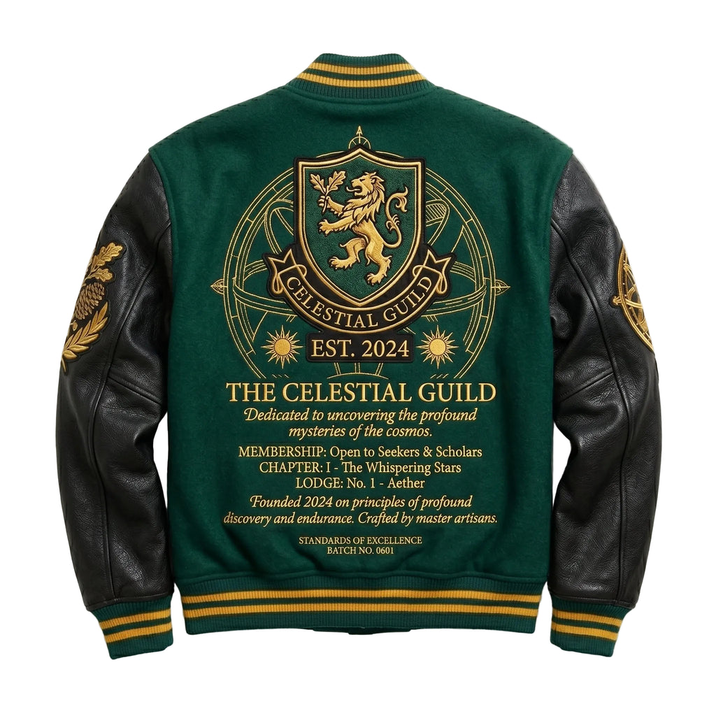 The Celestial Guild Premium Varsity Jacket - Green Wool & Black Leather