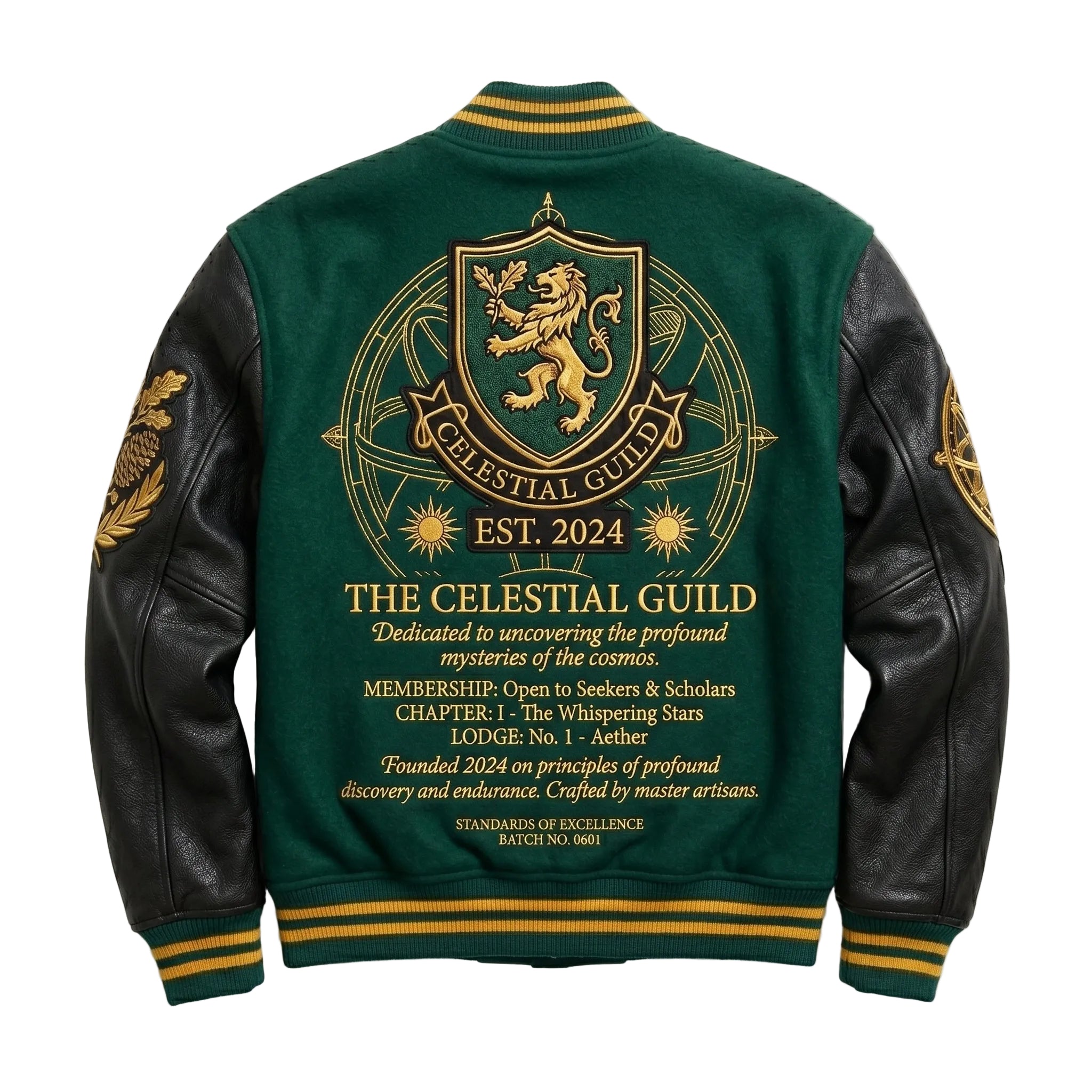 The Celestial Guild Premium Varsity Jacket - Green Wool & Black Leather