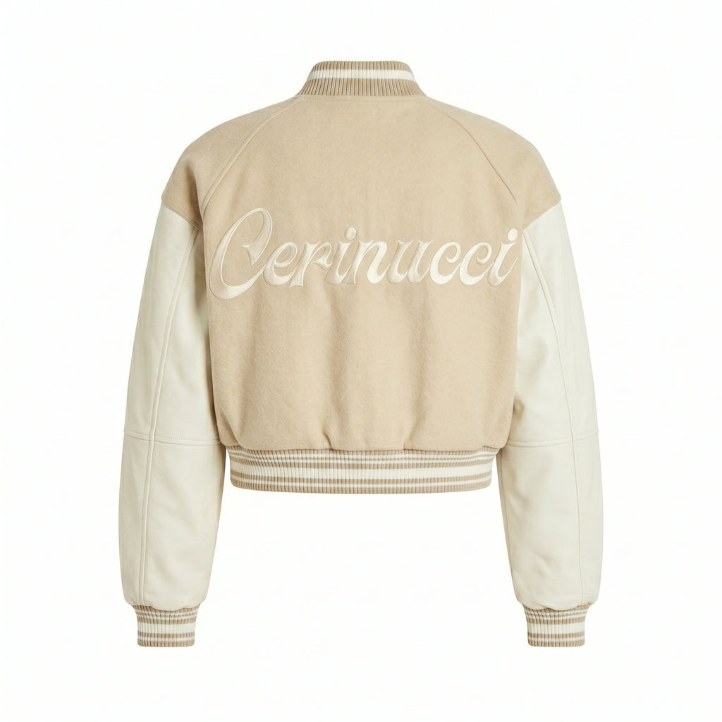Beige Wool & Cream Leather Cropped Varsity Jacket - Cerinucci Embroidered Bomber