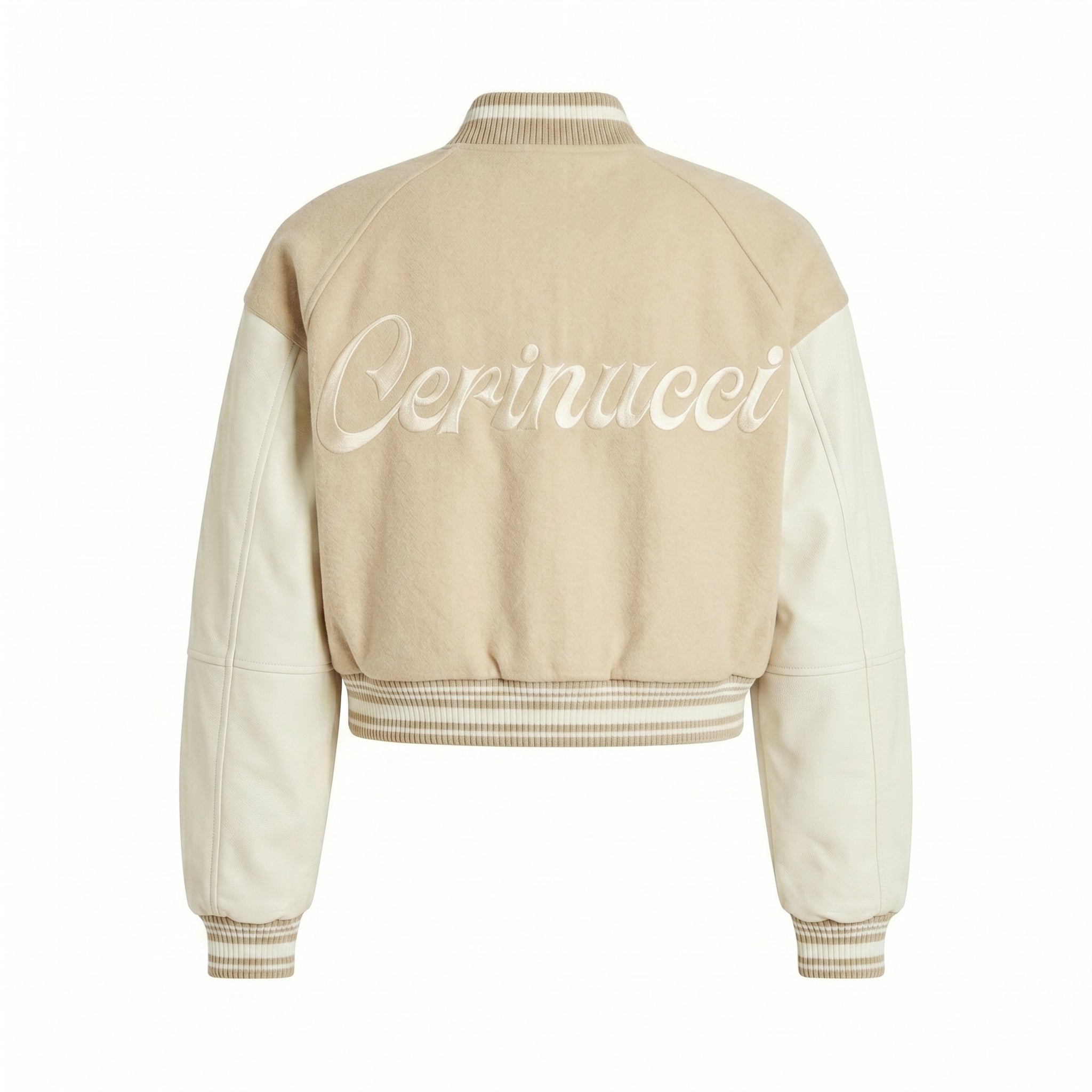 Beige Wool & Cream Leather Cropped Varsity Jacket - Cerinucci Embroidered Bomber