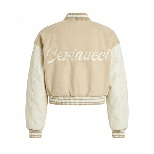 Beige Wool & Cream Leather Cropped Varsity Jacket - Cerinucci Embroidered Bomber