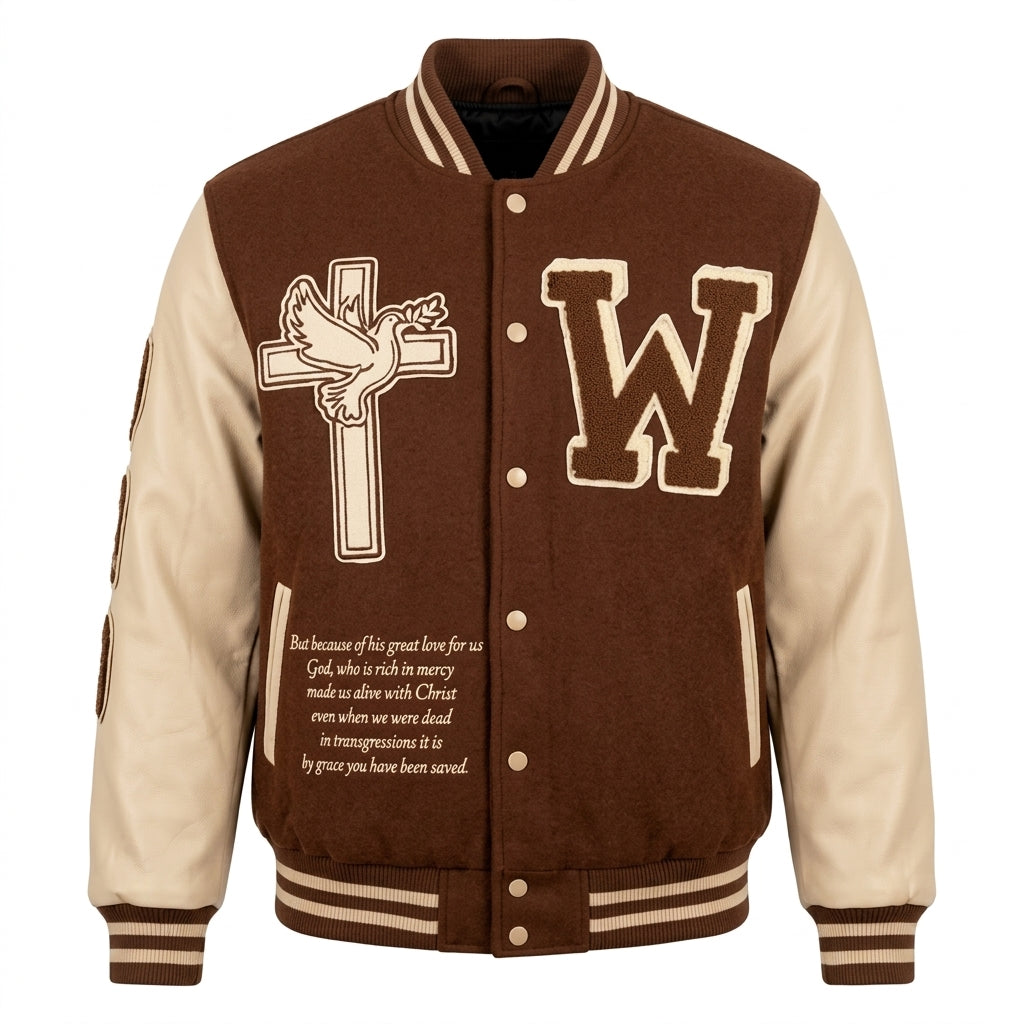 Grace Varsity Jacket - Premium Chocolate Brown Wool & Cream Leather Letterman Jacket
