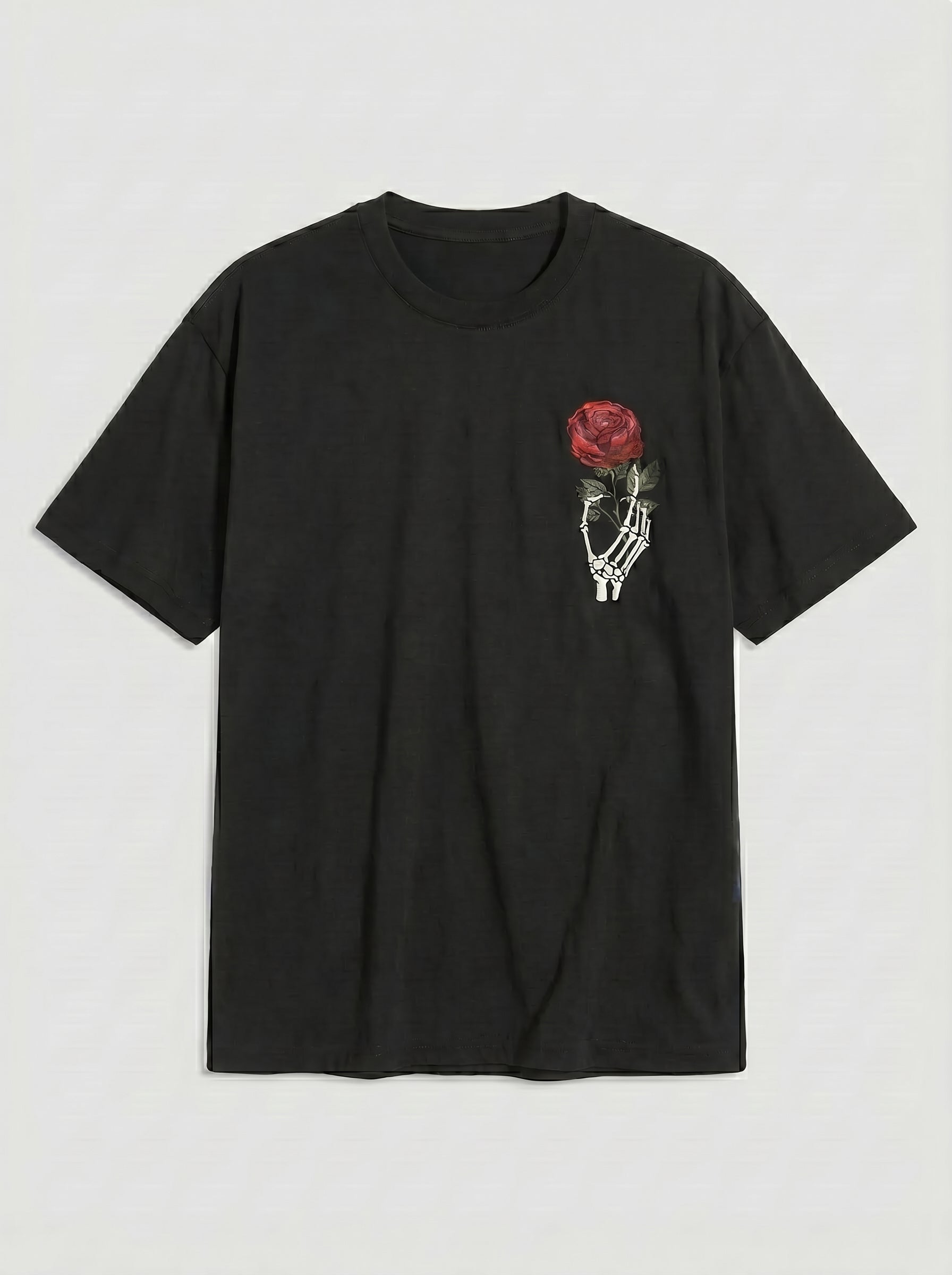 Men's Black Edgy Graphic Shirt | Skull Hand & Rose Front/Back Print