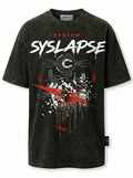 SYSLAPSE Cyberpunk Oversized Graphic Tee | Vintage Acid Wash Black
