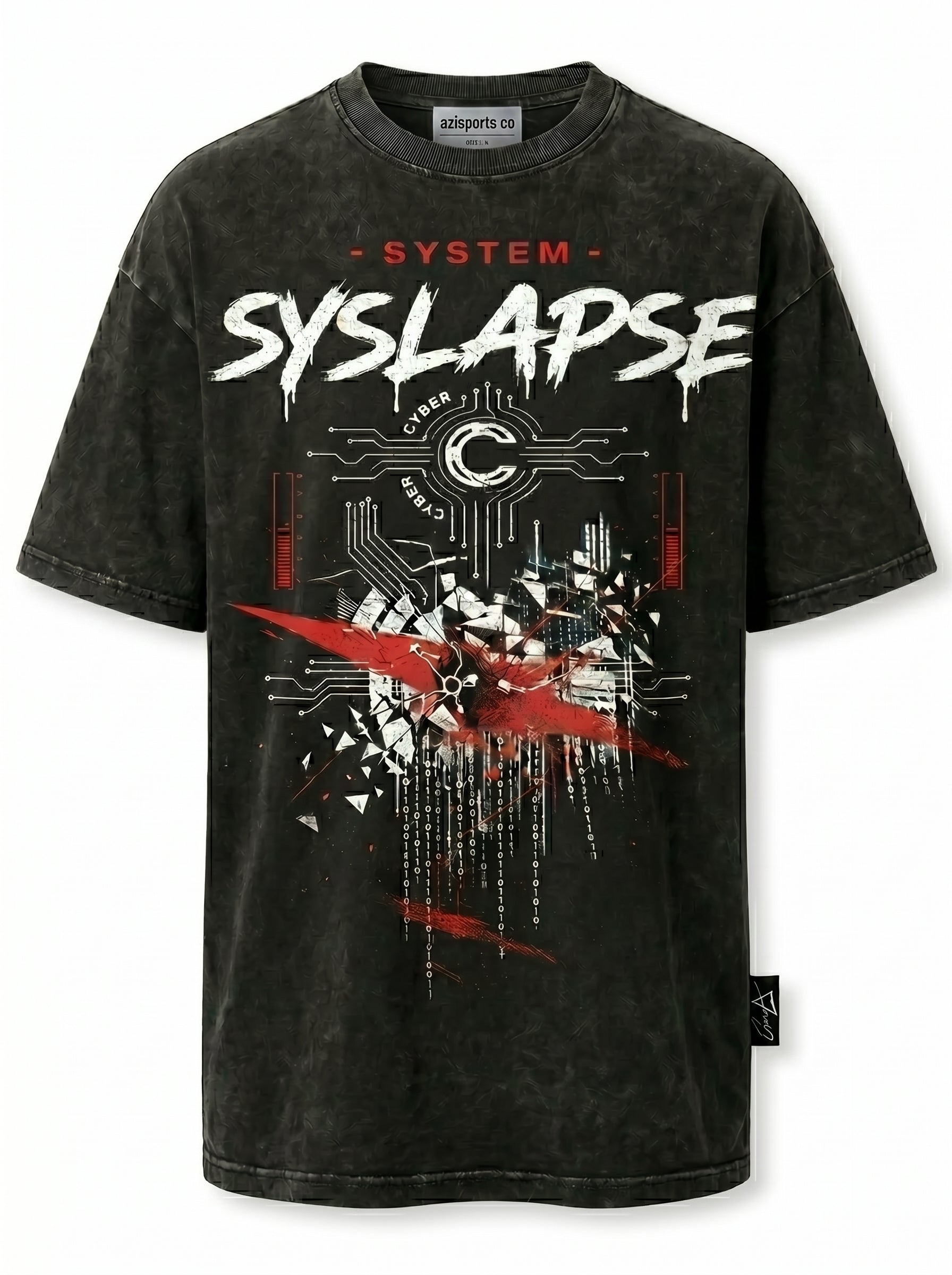 SYSLAPSE Cyberpunk Oversized Graphic Tee | Vintage Acid Wash Black
