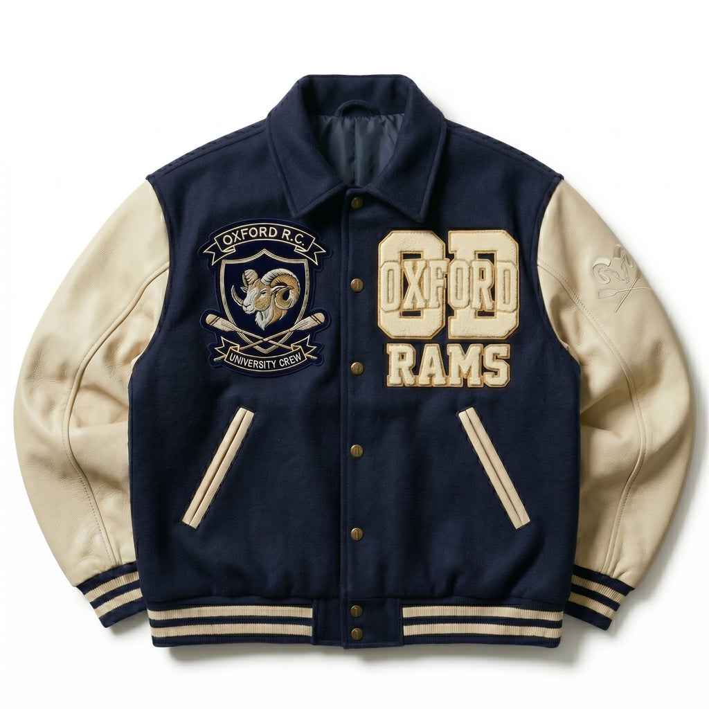 Navy & Cream Leather-Sleeve Bomber