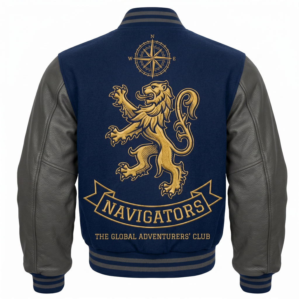 Men’s Varsity Jacket Blue Wool Grey Leather Sleeves, Lion Embroidered Bomber Jacket
