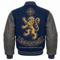 Men’s Varsity Jacket Blue Wool Grey Leather Sleeves, Lion Embroidered Bomber Jacket