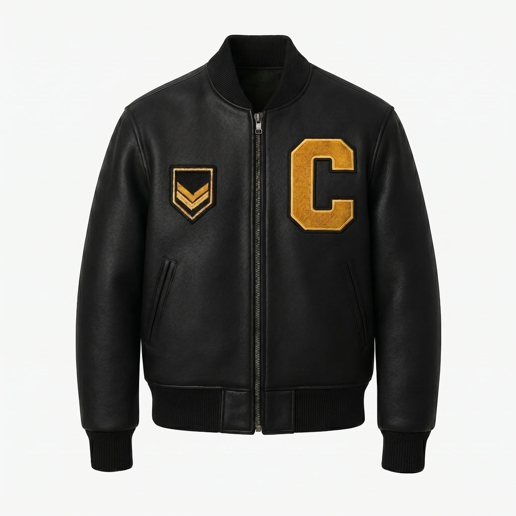 Black Leather Varsity Jacket – Men’s Letterman Jacket Bomber