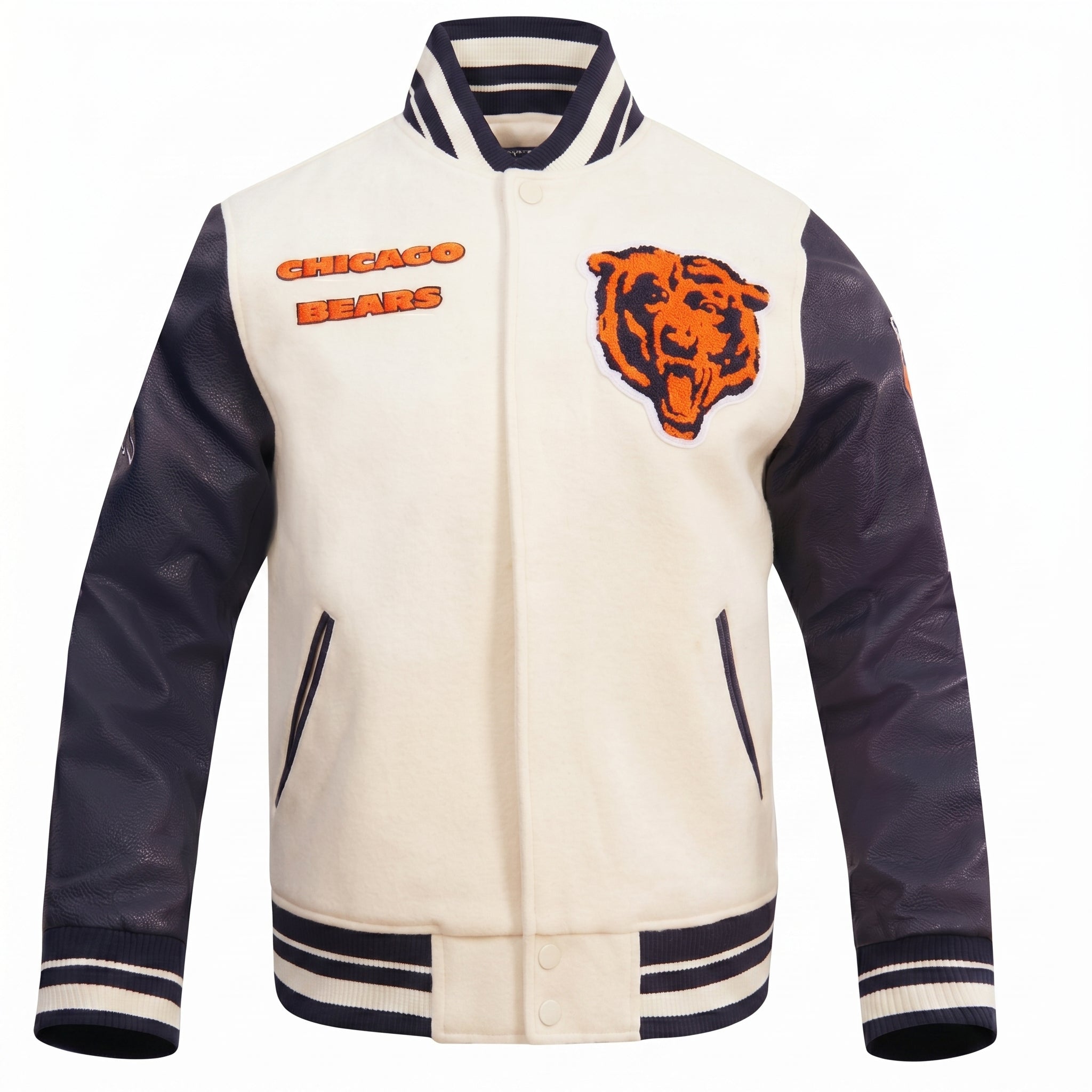 Chicago Bears Varsity Jacket - Cream and Navy Blue Letterman Jacket - Full Embroidery Bear Football Patch Streetwear Jacket