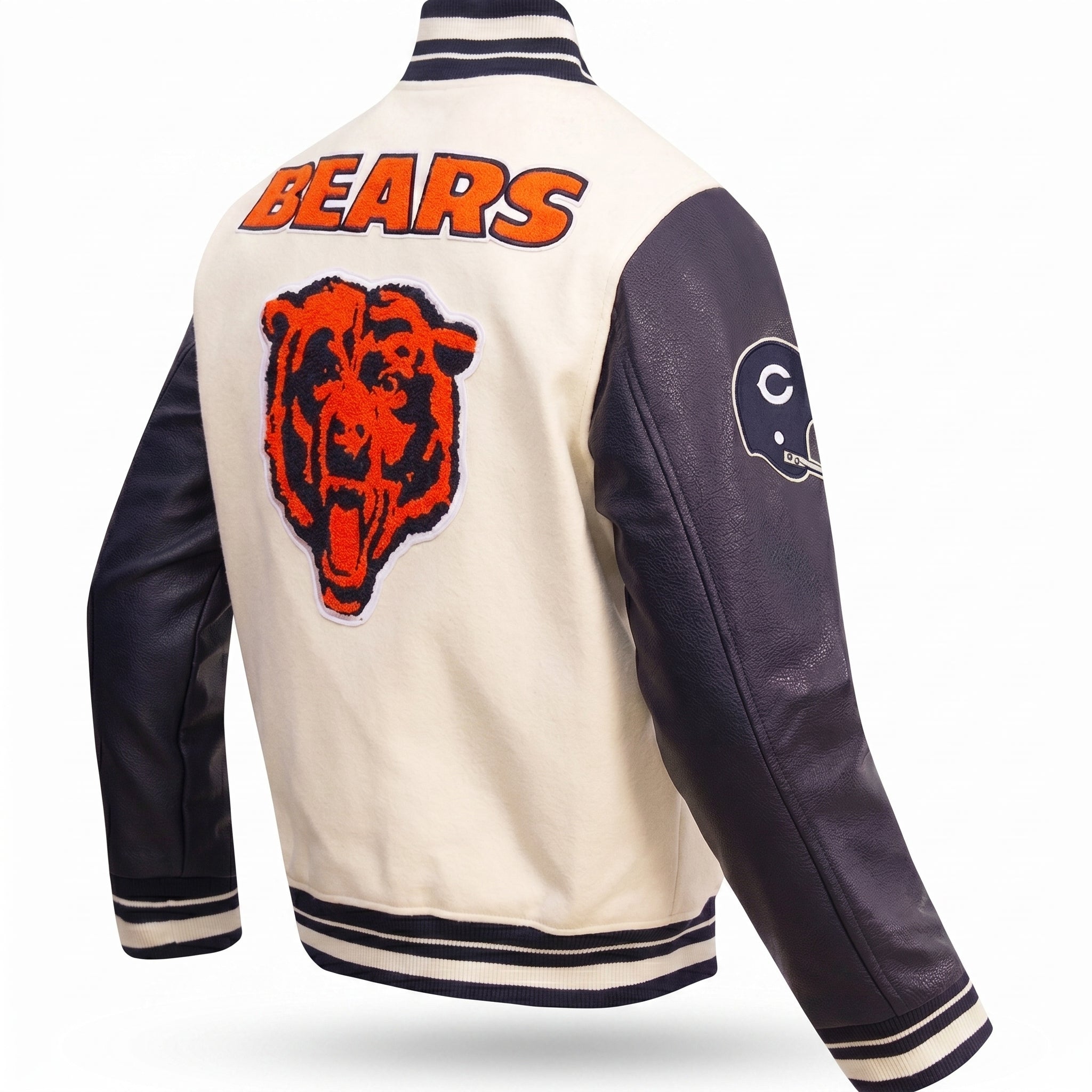 Chicago Bears Varsity Jacket - Cream and Navy Blue Letterman Jacket - Full Embroidery Bear Football Patch Streetwear Jacket
