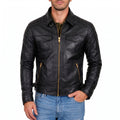Men’s Black Leather Biker Jacket – Quilted Shoulder Motorcycle Jacket, Slim Fit Vintage Style