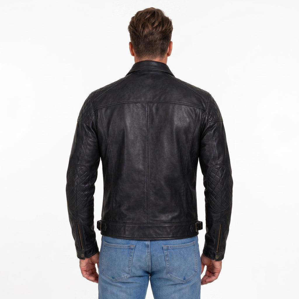 Men’s Black Leather Biker Jacket – Quilted Shoulder Motorcycle Jacket, Slim Fit Vintage Style