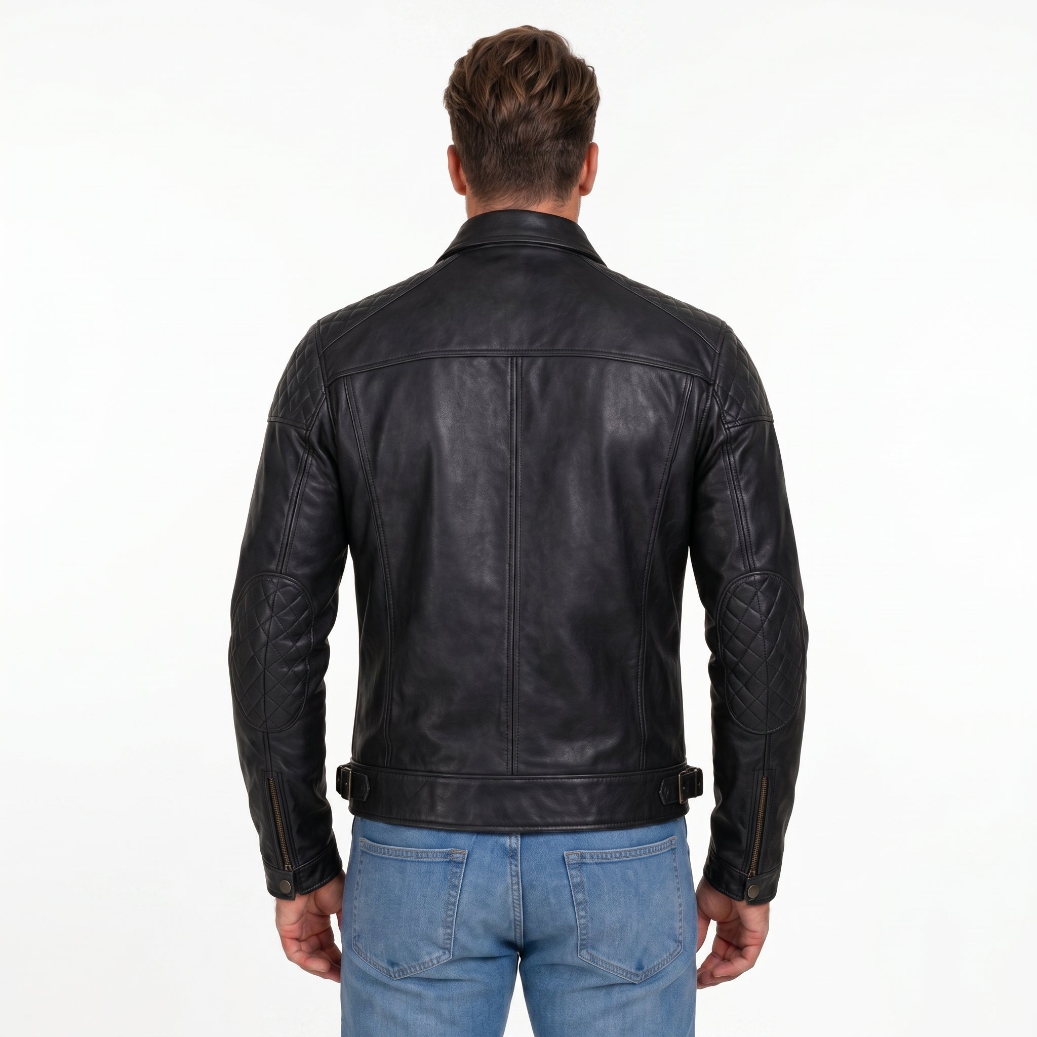 Men’s Black Leather Biker Jacket – Quilted Shoulder Motorcycle Jacket, Slim Fit Vintage Style