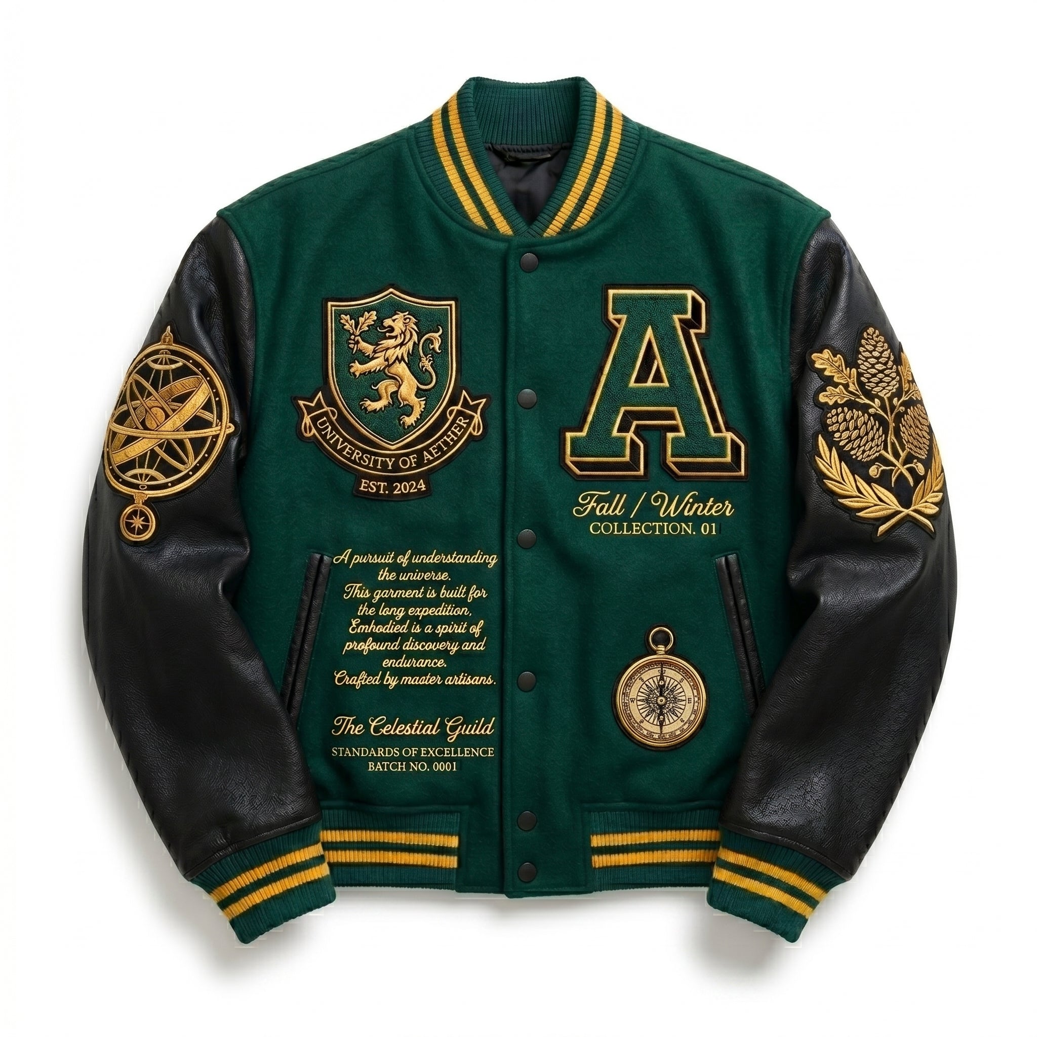 The Celestial Guild Premium Varsity Jacket - Green Wool & Black Leather