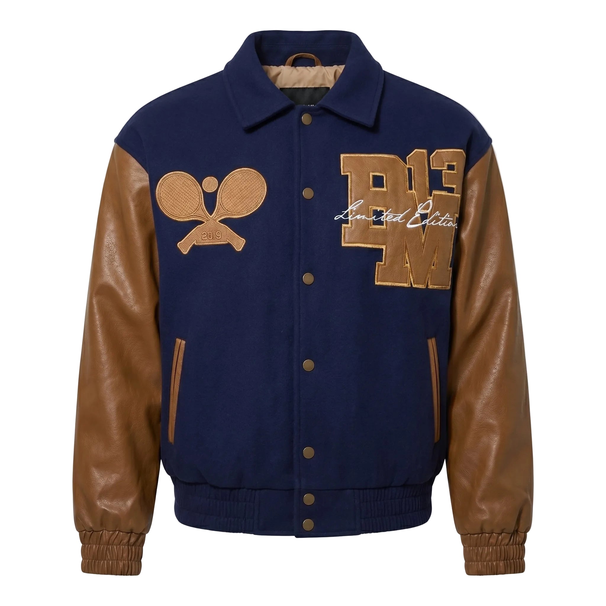 Navy Wool & Brown Leather Varsity Jacket - Limited Edition B13 Letterman Bomber