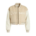 Beige Wool & Cream Leather Cropped Varsity Jacket - Cerinucci Embroidered Bomber
