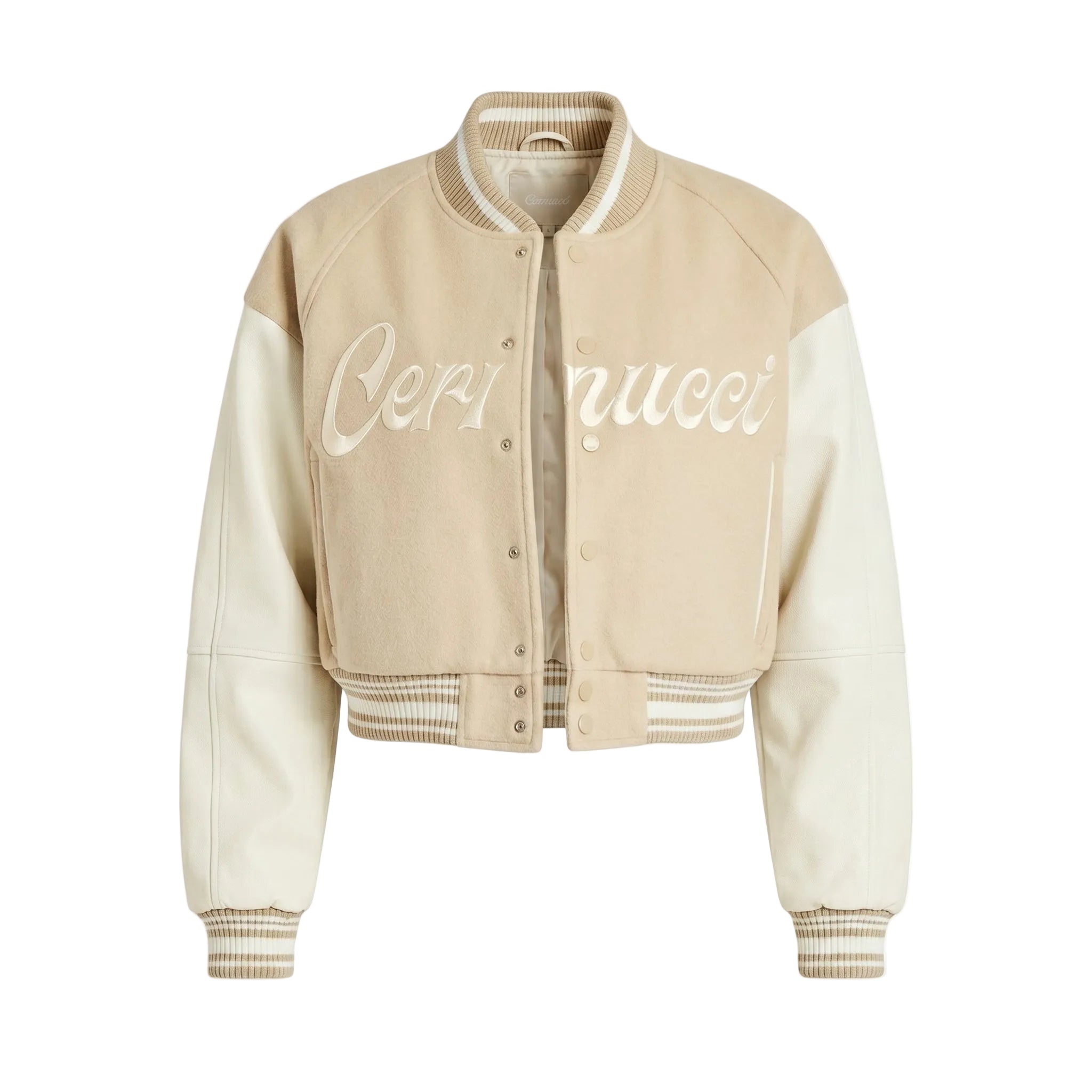 Beige Wool & Cream Leather Cropped Varsity Jacket - Cerinucci Embroidered Bomber