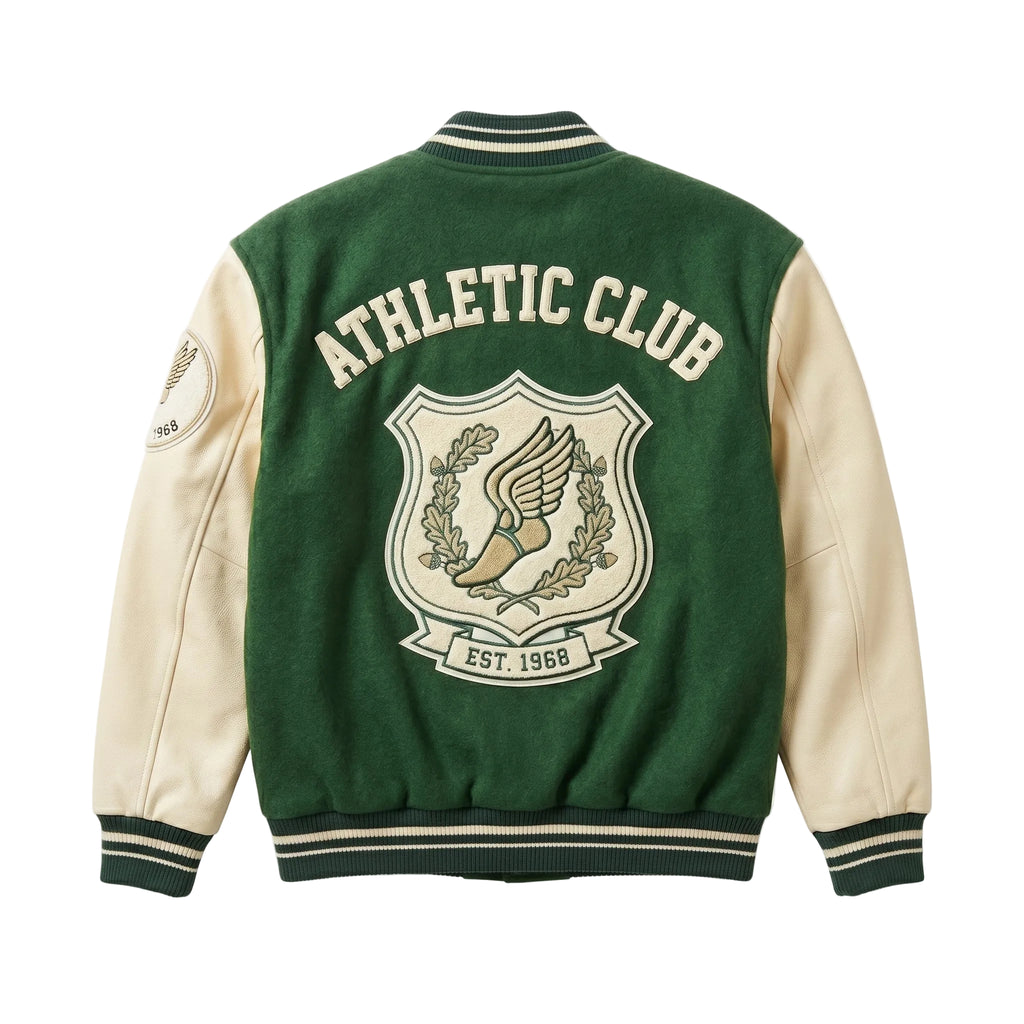 Athletic Club Embroidered Varsity Jacket - Premium Green Wool & Cream Leather Letterman Jacket