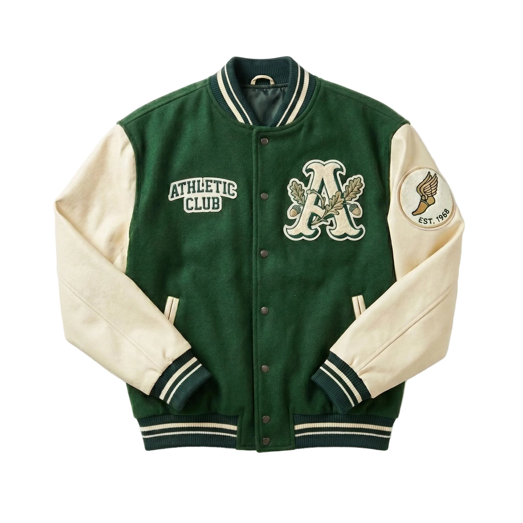 Athletic Club Embroidered Varsity Jacket - Premium Green Wool & Cream Leather Letterman Jacket