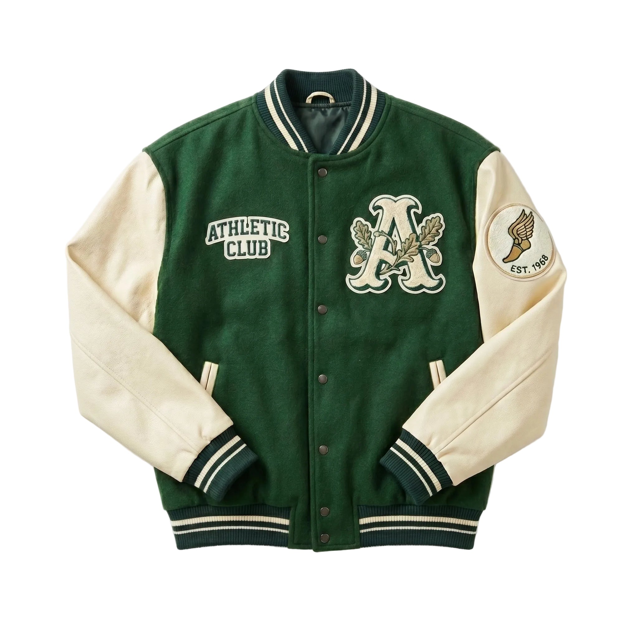 Athletic Club Embroidered Varsity Jacket - Premium Green Wool & Cream Leather Letterman Jacket