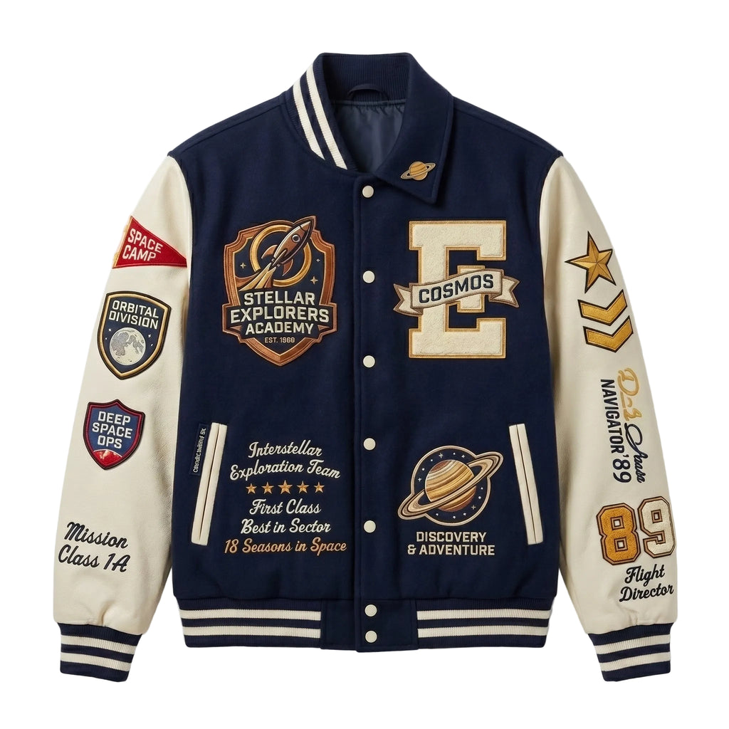 Stellar Explorers Academy Varsity Jacket - Premium Navy Wool & Cream Leather Letterman Jacket