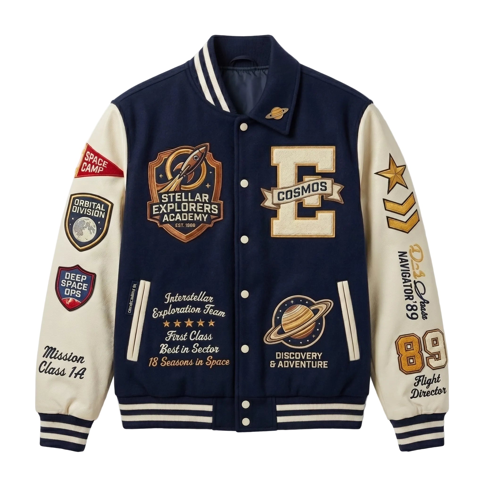 Stellar Explorers Academy Varsity Jacket - Premium Navy Wool & Cream Leather Letterman Jacket