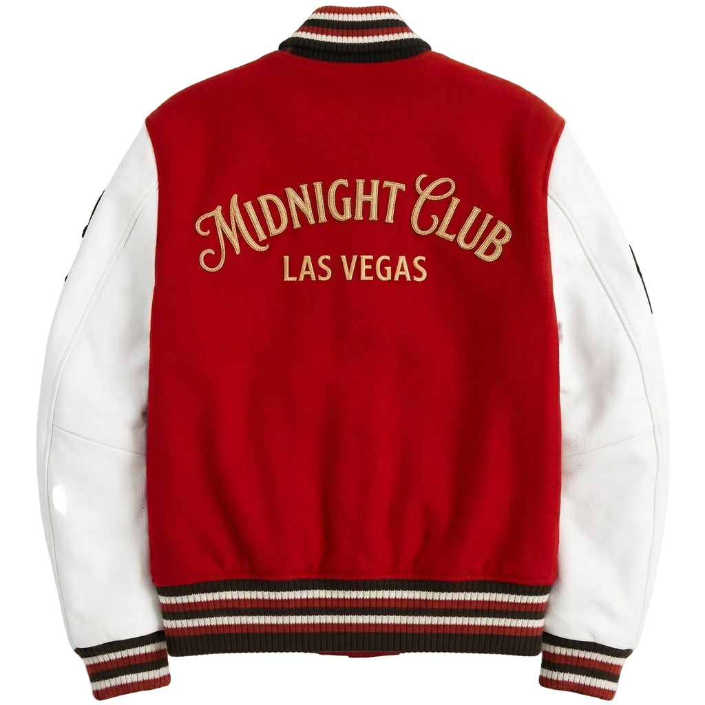 Midnight Club Las Vegas Varsity Jacket - Premium Red Wool & White Leather High Rollers Letterman Jacket