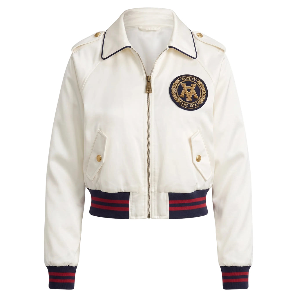 Off-White Satin Cropped Varsity Jacket - Marion Valley Collegiate Bomber