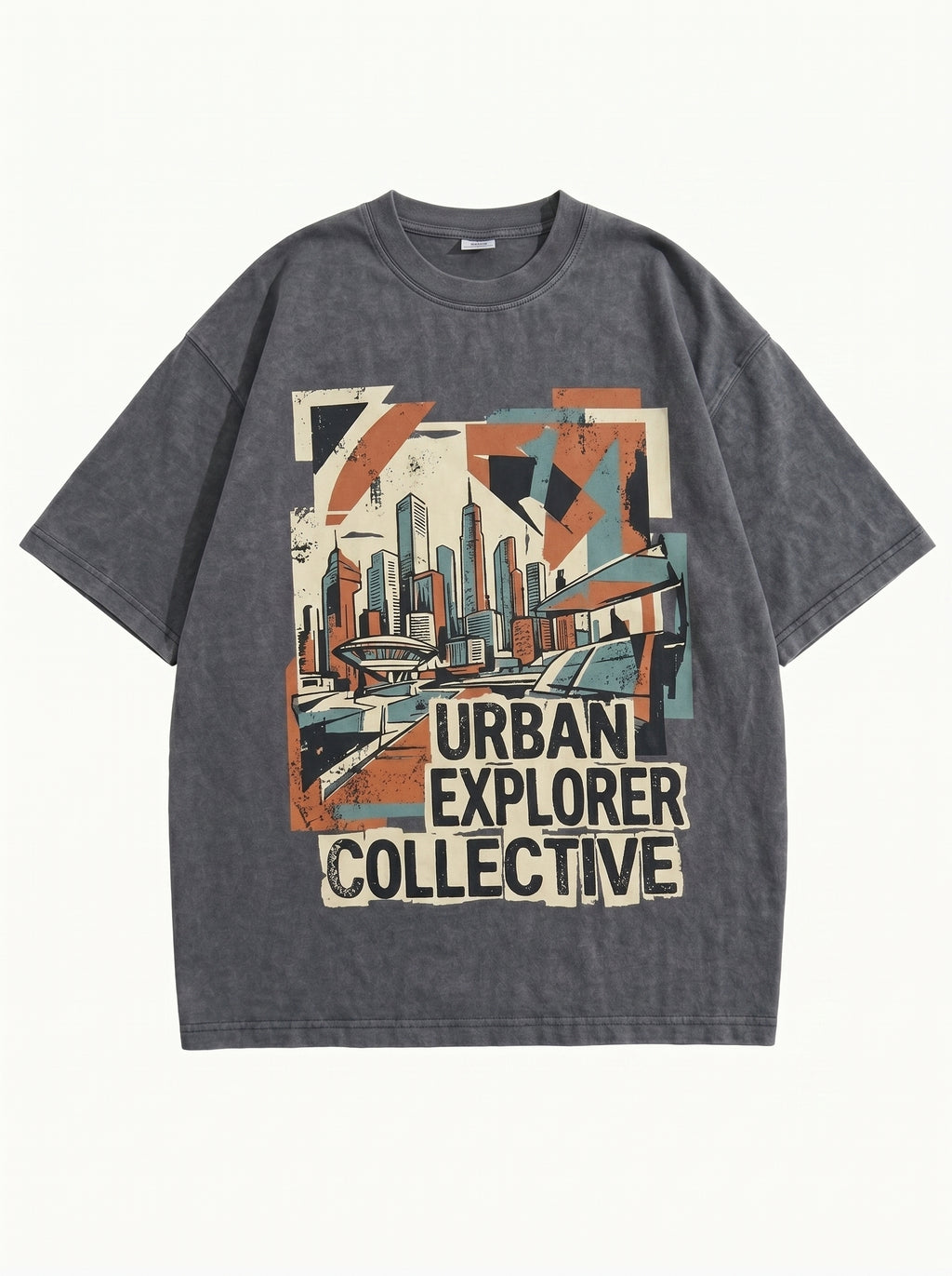 Vintage Wash "Urban Explorer Collective" Graphic T-Shirt - Charcoal