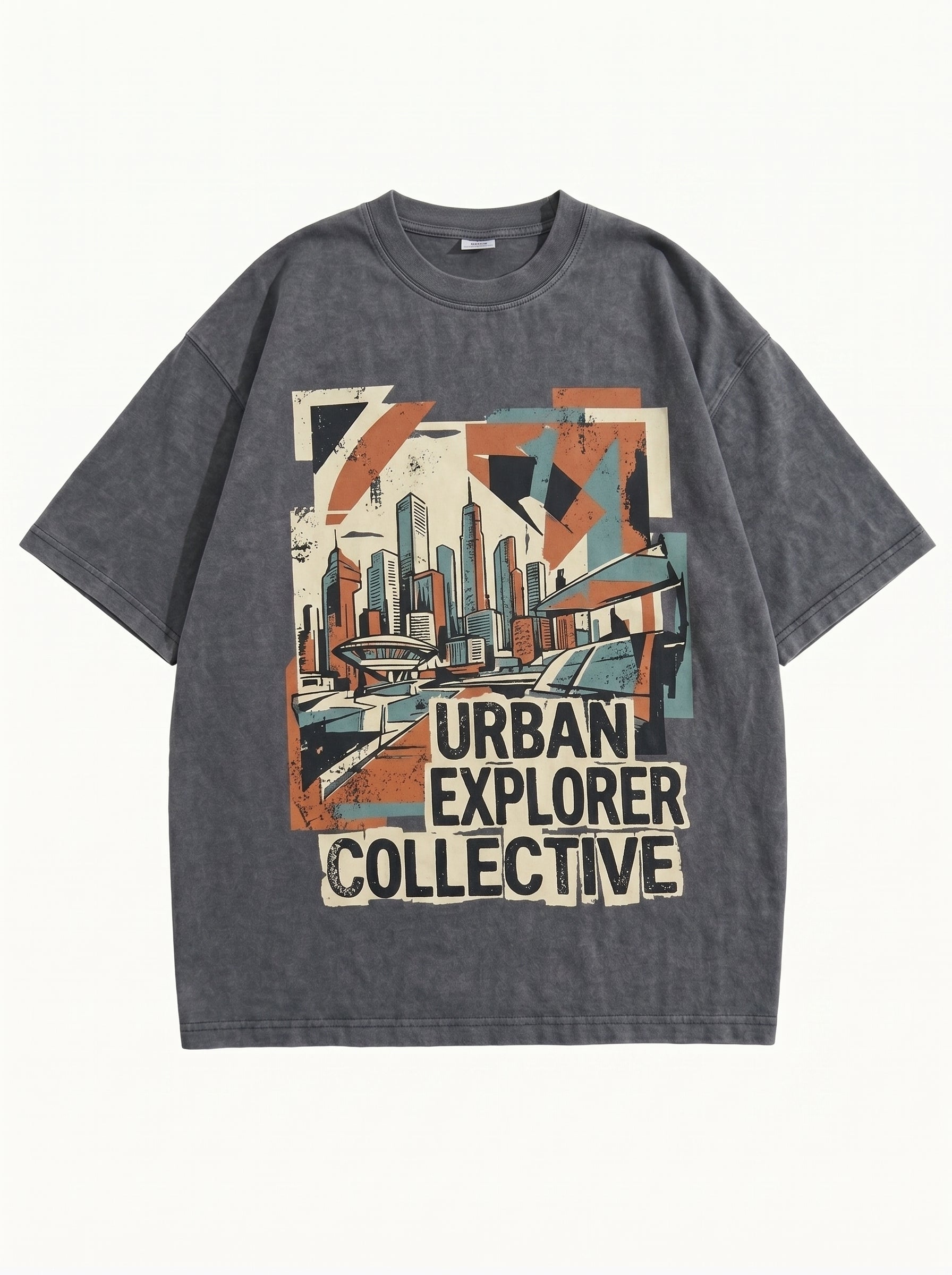 Vintage Wash "Urban Explorer Collective" Graphic T-Shirt - Charcoal