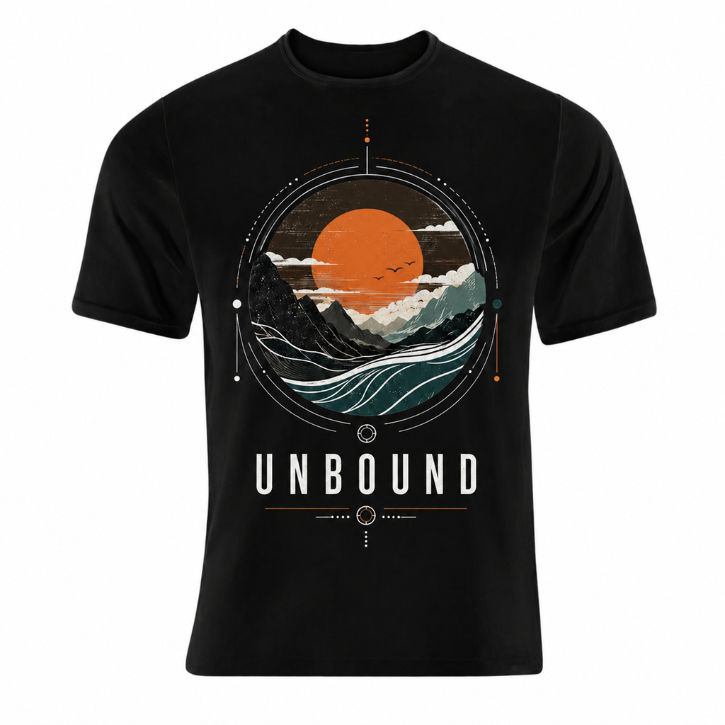 Unbound Sunset Mountain Graphic T-Shirt – Nature Adventure Streetwear