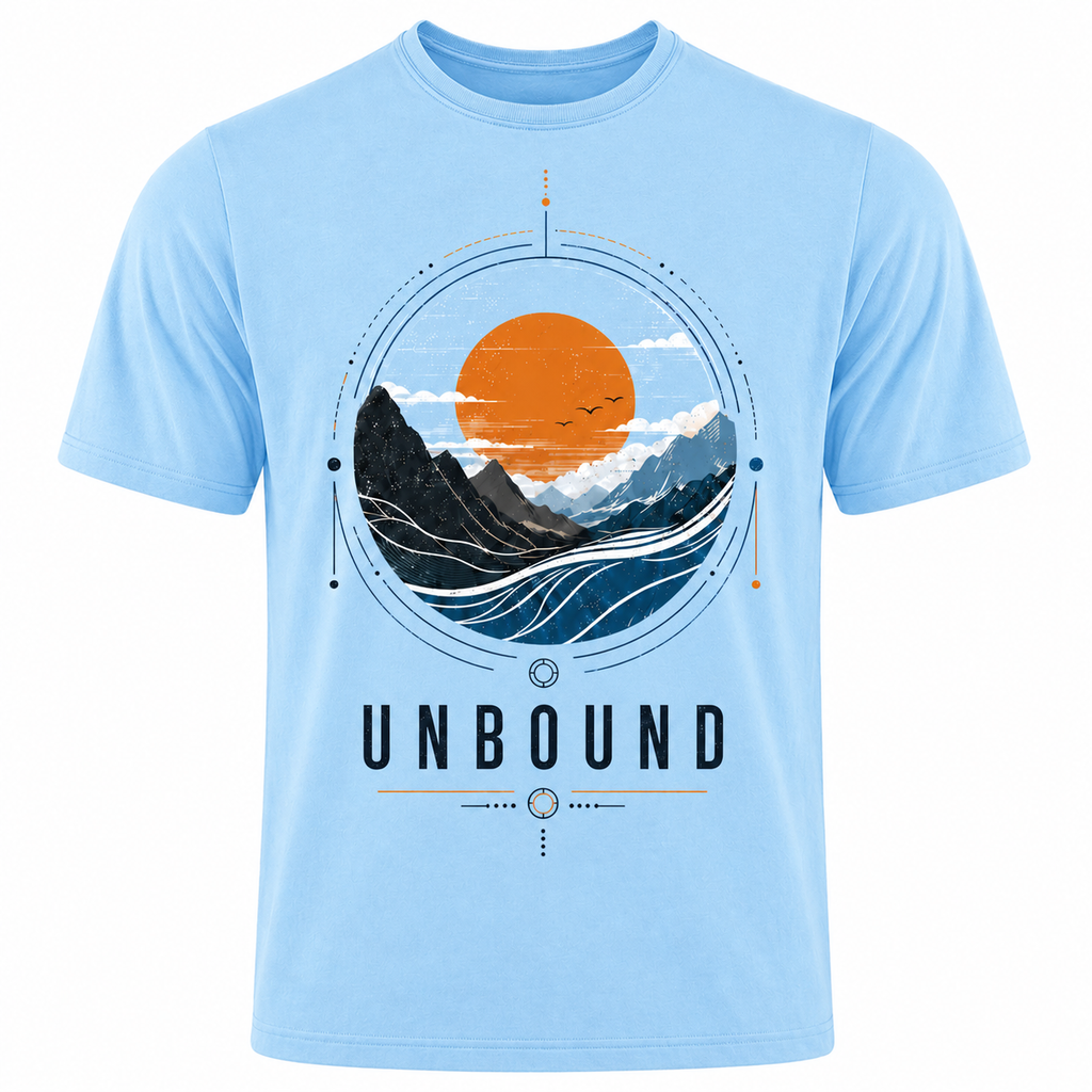 Unbound Sunset Mountain Graphic T-Shirt – Nature Adventure Streetwear