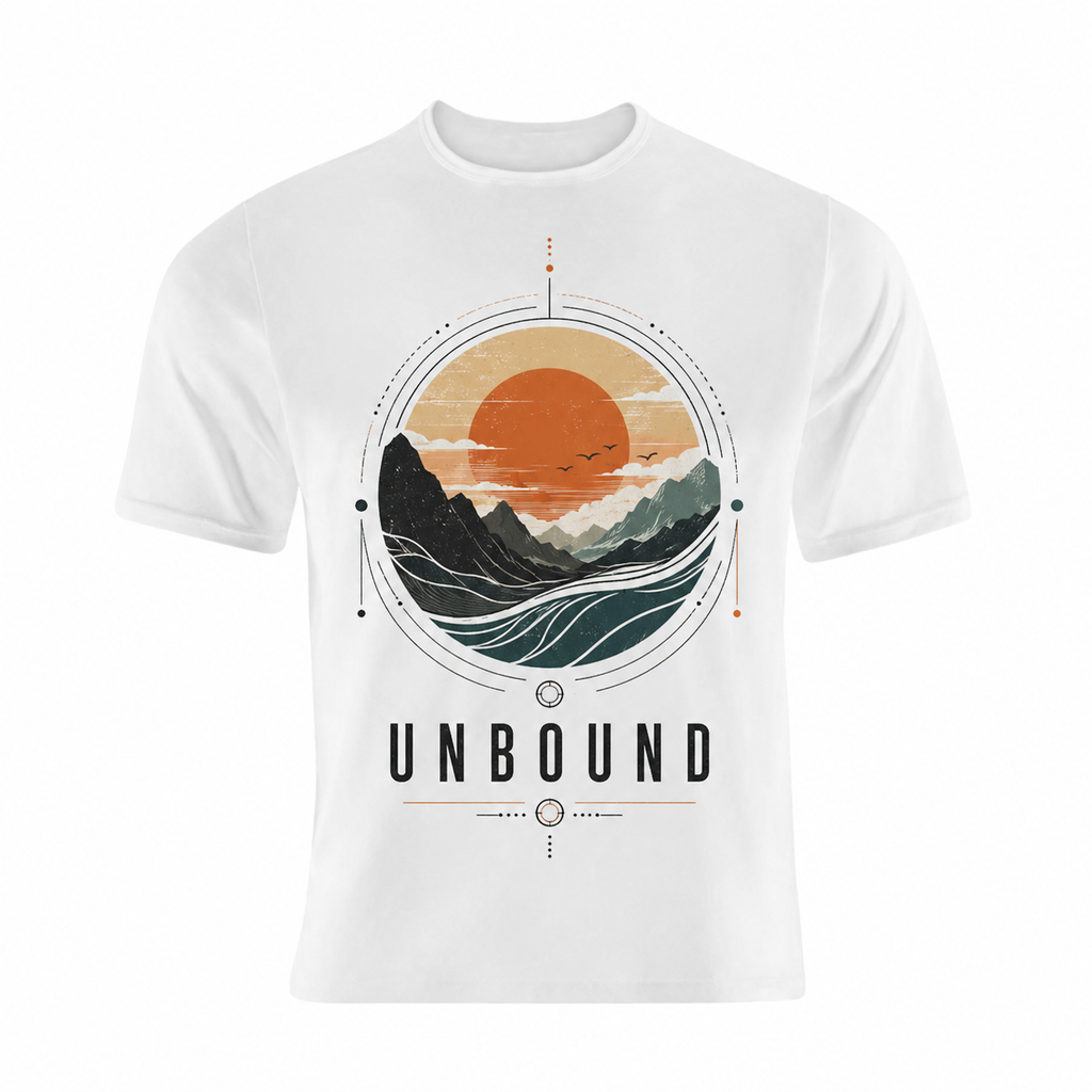 Unbound Sunset Mountain Graphic T-Shirt – Nature Adventure Streetwear