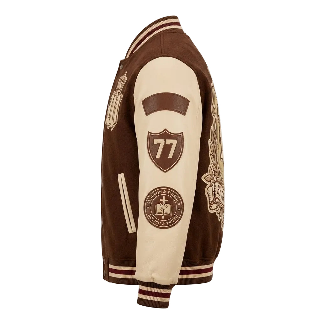 By Grace Alone Embroidered Varsity Jacket - Premium Chocolate Brown Wool & Cream Leather Letterman Jacket