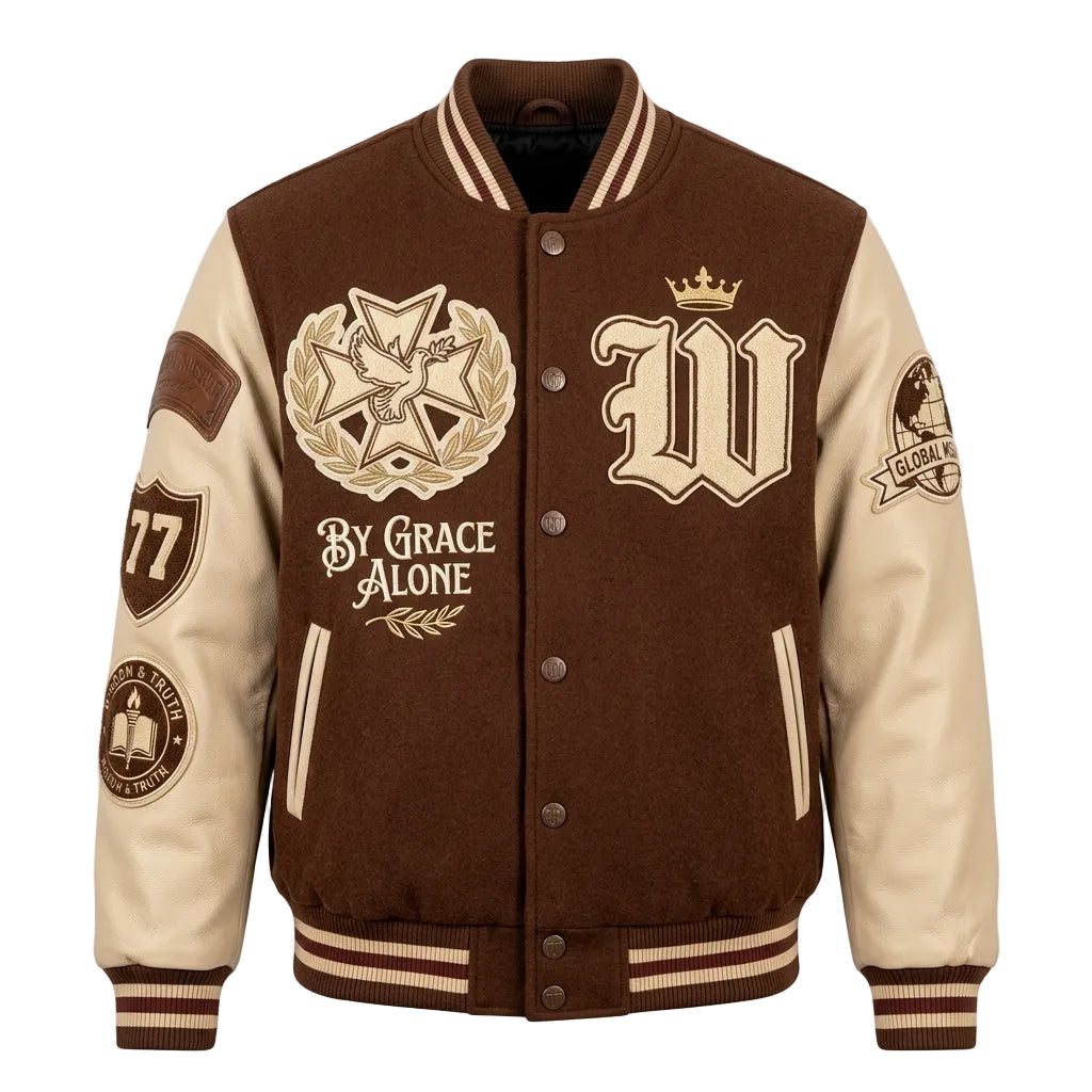 By Grace Alone Embroidered Varsity Jacket - Premium Chocolate Brown Wool & Cream Leather Letterman Jacket