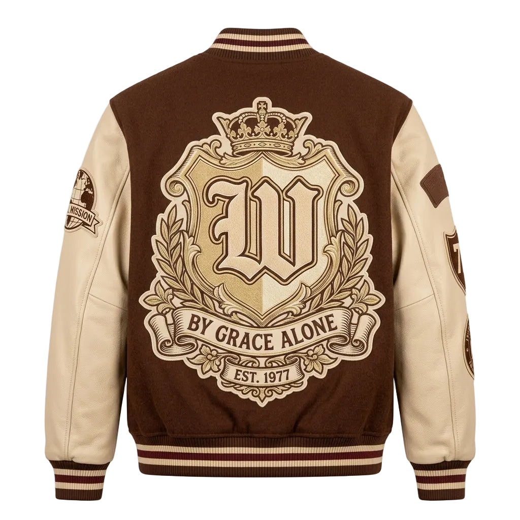 By Grace Alone Embroidered Varsity Jacket - Premium Chocolate Brown Wool & Cream Leather Letterman Jacket
